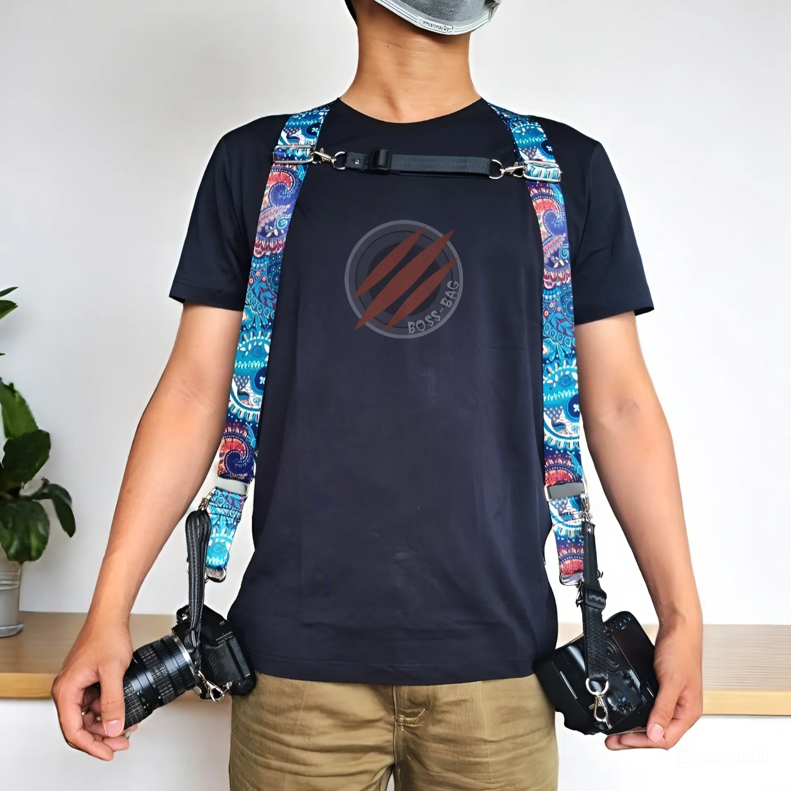 Dây Đeo 2 Máy Ảnh Hoa Văn Xanh