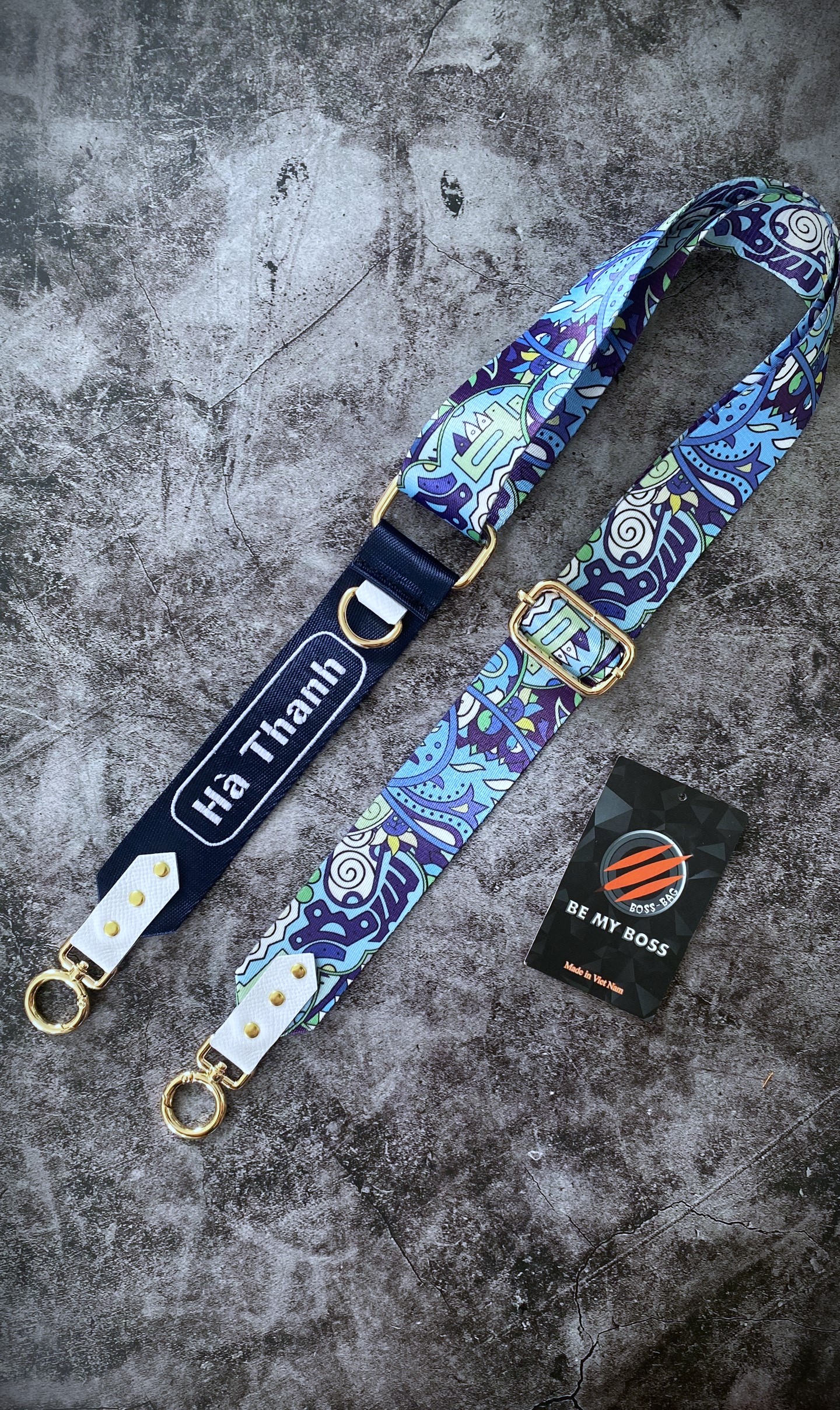 Dây Túi Xách Custom Thêu Tên – Thổ Dân Phối Xanh Navy