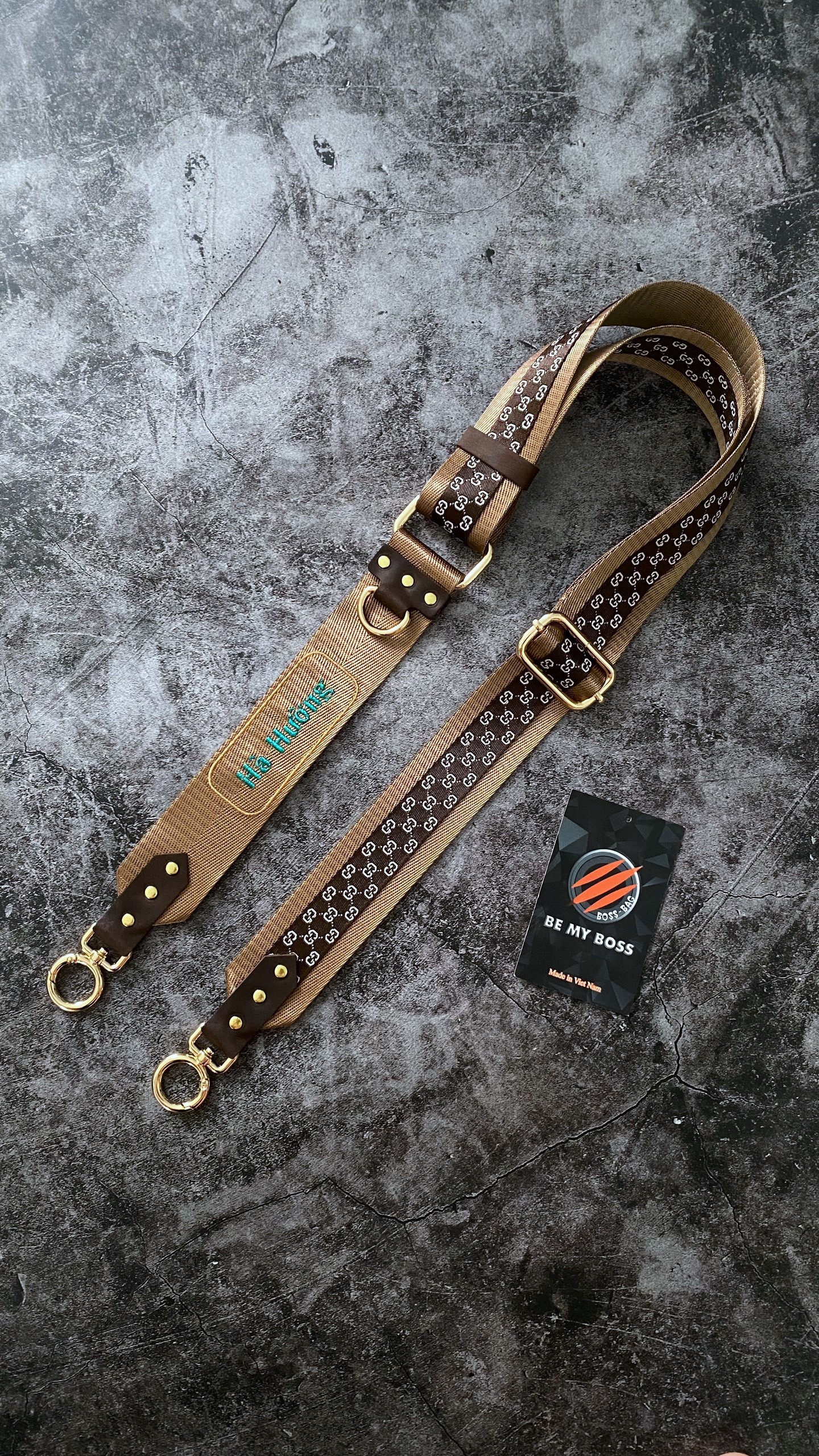 Dây Túi Xách Custom Thêu Tên – GC Phối Nâu Camel