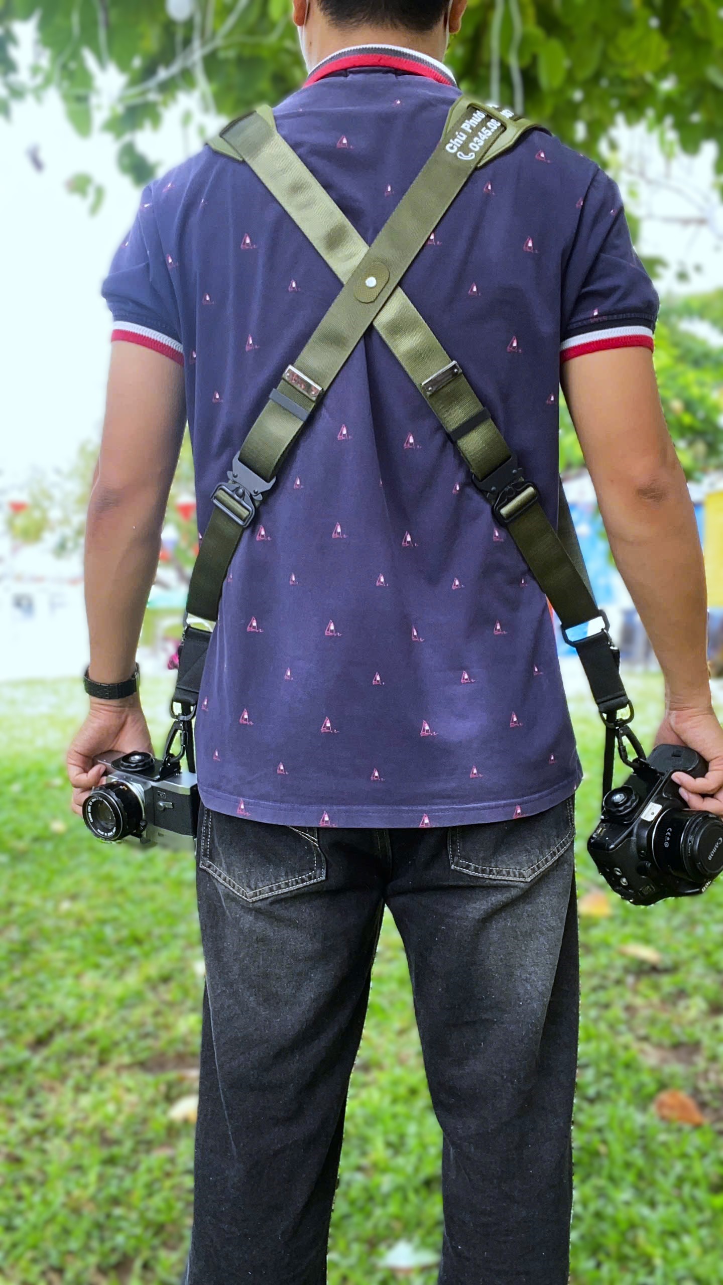 Dây Đeo 2 Máy Ảnh Xanh Rêu Thêu Tên