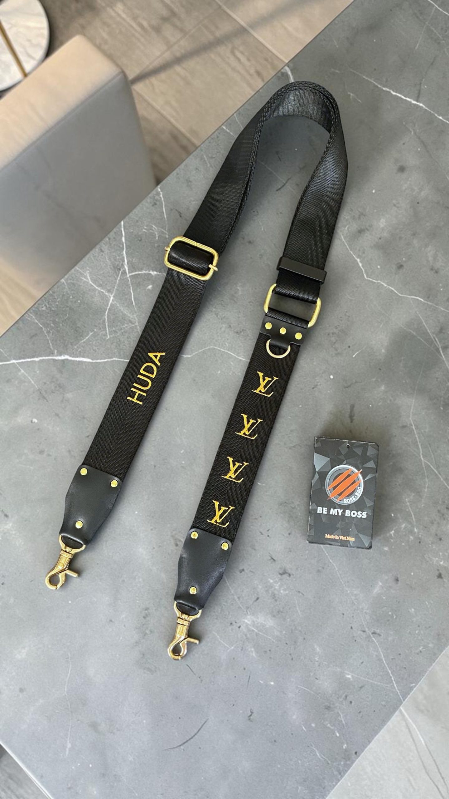 [Khóa Đồng] Dây Túi Xách Custom – Đen Trơn Họa Tiết LV